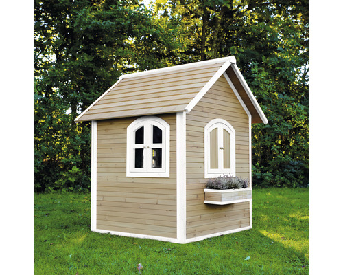 Holzspielhaus mit zwei Fenstern und einem Blumenkasten