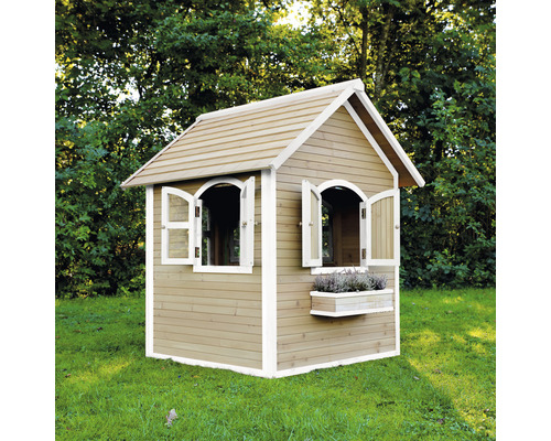 Spielhaus aus Holz mit Fenstern und Blumenkasten im Garten.
