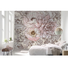 Schlafzimmer mit großflächiger Blumentapete mit Mohnblumen und Dahlien