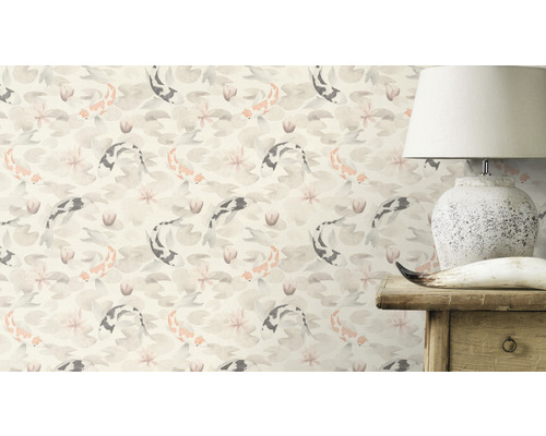 Tapete mit Karpfen-, Seerosen- und Lotusblütenmuster