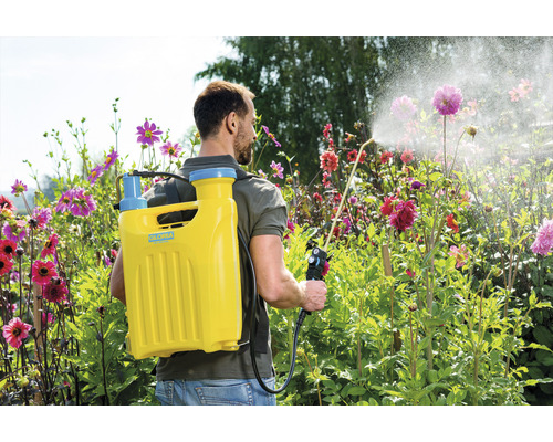 Anwender mit Gloria Rückenspritze beim Besprühen von Pflanzen im Garten.