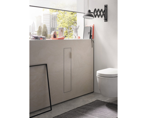 Modernes Badezimmer mit Toilette und Fensterbankdekoration