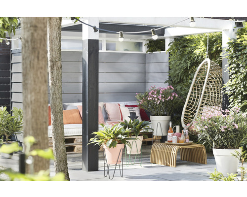 Gestalteter Gartenbereich mit Sitzgelegenheit, Hängekorb, Pflanzen und Dekoration