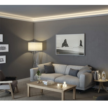 Wohnzimmer mit Deckenleuchte, Sofa, Tisch und Dekoration