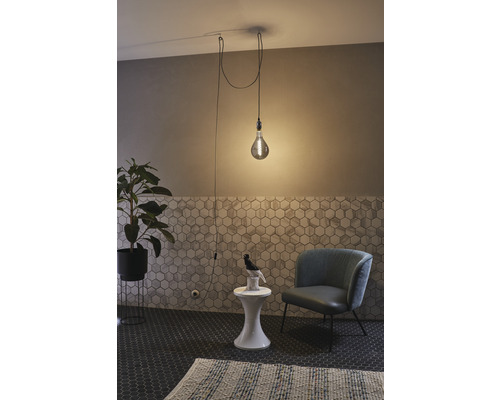 Raumansicht mit Pendelleuchte, Sessel und Zimmerpflanze im Topf