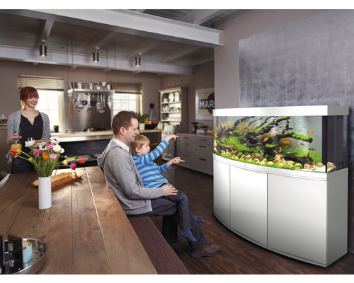 Familie betrachtet Aquarium mit Fischen und Wasserpflanzen in einem hellen Wohnraum.