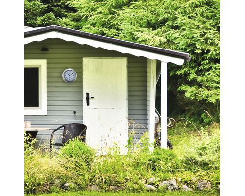 Gartenhaus mit Uhr, Tür, Fenster und Bewuchs