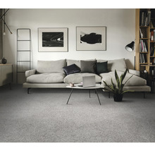 Wohnzimmer mit grauer Teppichauslegware, Sofa, Tisch und Dekoration