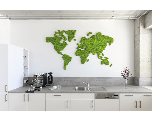 Helles Büro mit Moos-Weltkarte an der Wand, Küchenzeile mit Spüle und Kaffeemaschine