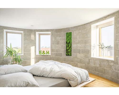 Helles Schlafzimmer mit Bett, Fenstern und Wanddekoration