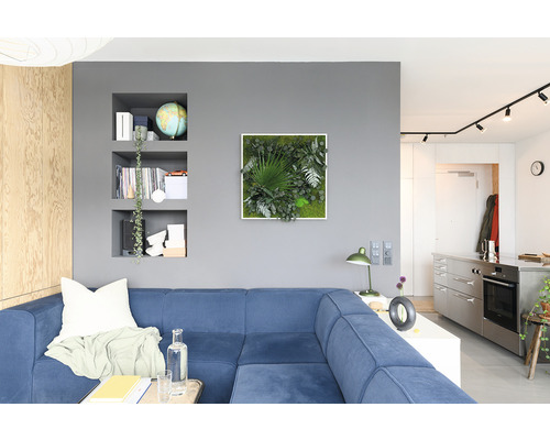Wohnzimmer mit blauem Ecksofa, Wandregalen und Pflanzenbild