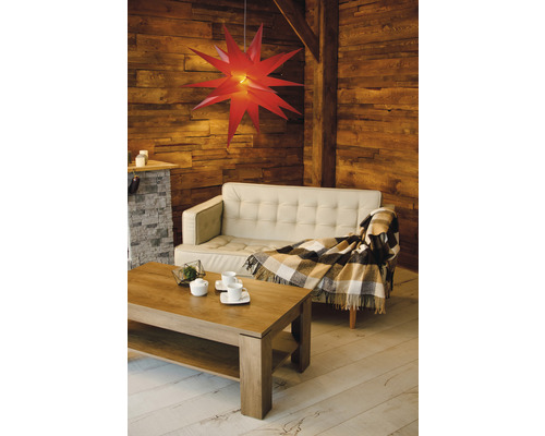 LED-Kunststoffstern Ø 60 cm rot Lichtfarbe warmweiß inkl. Timer Wohnzimmer mit Sofa, Holztisch und Sternleuchte