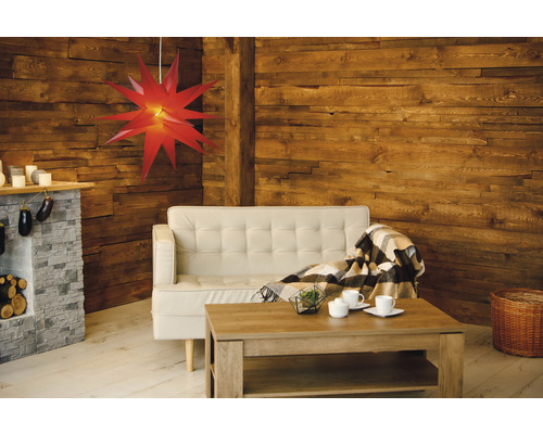 Wohnzimmer mit Sofa, Holzwand, Couchtisch, Kamin und rotem Stern