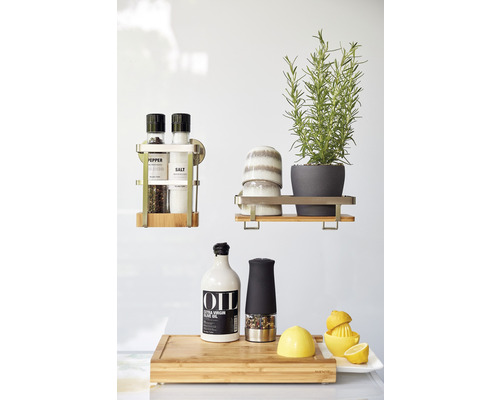 Küchenszene mit Regalen, Gewürzen, Öl, Pfeffermühle, Zitronenpresse und Kräutern