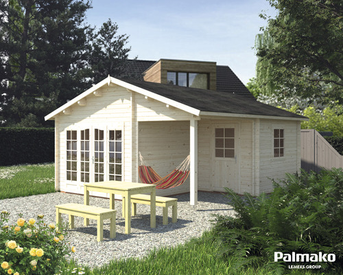 Gartenhaus Palmako Irene inkl. Fußboden 565 x 598 cm tauchgrundiert Holzgartenhaus mit Terrasse, Gartentisch und Bänken