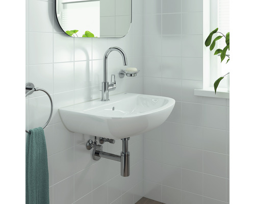 Hänge-Waschbecken im Badezimmer mit Armatur, Seifenschale, Handtuchring, Spiegel und Pflanze