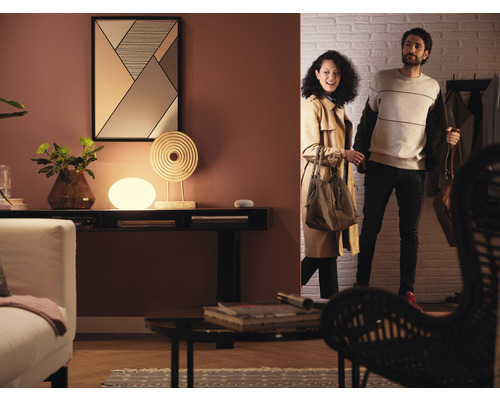 Wohnzimmer mit Tischleuchte, Dekoration, Paar und Eingangsbereich