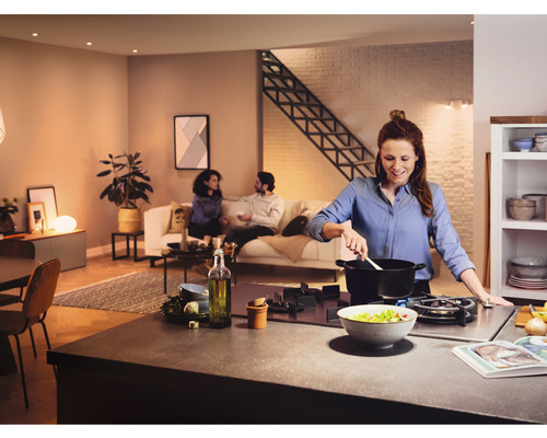 Offene Küche mit Frau beim Kochen, während sich zwei Personen im Wohnbereich unterhalten.