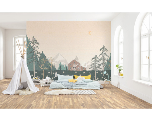 Kinderzimmer mit Waldtapete, Spielzelt und Bett
