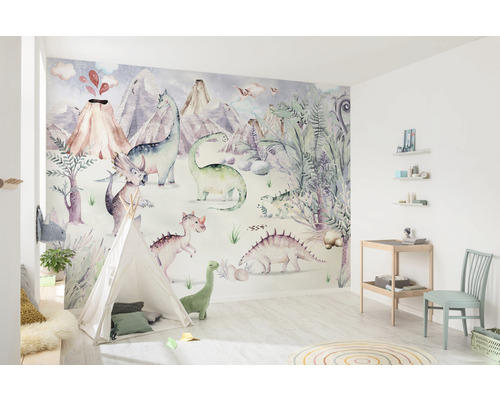 Kinderzimmer mit Dinosaurier Tapete, Spielzelt und Holzmöbeln