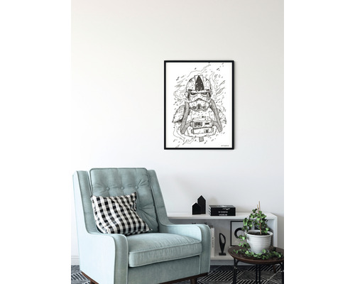 Schwarz gerahmtes Poster mit Star Wars Stormtrooper Illustration in einem Wohnzimmer