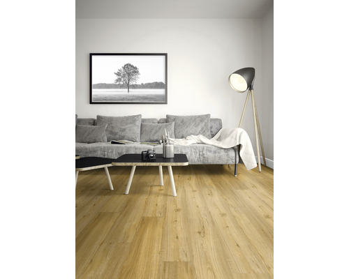 Wohnzimmer mit Sofa, Tisch und Holzboden