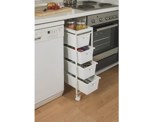 Küchenszene mit einem weißen Küchenwagen mit vier Schubladen zur Aufbewahrung