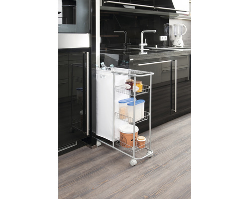 Küchenwagen mit vier Ablageflächen und einem Wäschesack zur Aufbewahrung von Küchenutensilien