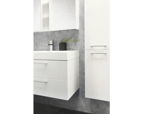 Badezimmer-Szene mit weißem Waschtisch, Spiegelschrank und Hochschrank