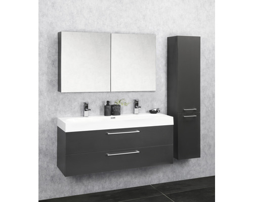 Kompletter Waschtisch mit Spiegel, Waschbeckenunterschrank und Hochschrank für das Badezimmer