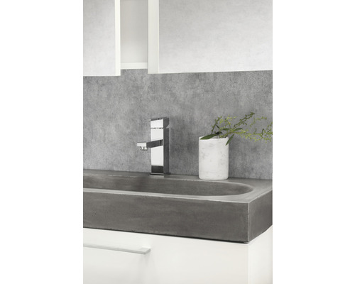 Modernes Badezimmer mit Betonwaschbecken, Armatur und Dekoration