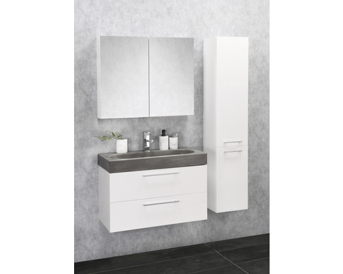 Badezimmerensemble mit Waschtischunterschrank, Waschbecken, Spiegelschrank und Hochschrank