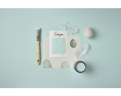 Farbmuster Eukalyptus mit Pinsel, Ei und Federn