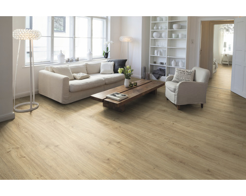 Heller Wohnraum mit Laminatboden, Sofa und Regalen