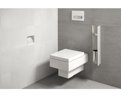 Badezimmer Szene mit wandhängendem WC, Spülkasten und Toilettenbürste
