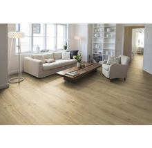 Heller Wohnraum mit Laminatboden, Sofa, Sessel und Bücherregal