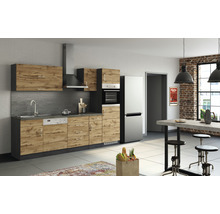 Moderne Küche mit Küchenschränken, Spüle, Dunstabzugshaube, Ofen und Kühlschrank.