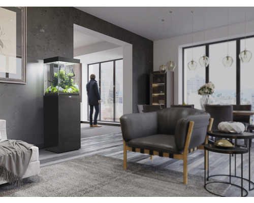 Wohnzimmer mit Aquarium auf einem schwarzen Schrank