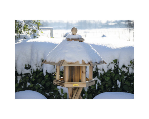 Holzvogelhaus mit Schnee im Garten