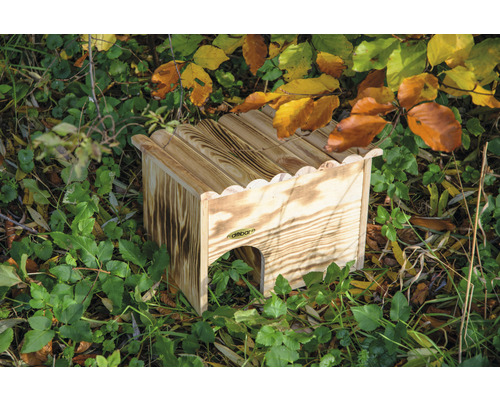 Holz-Igelhaus im Garten zwischen Pflanzen