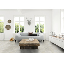 Heller Wohnraum mit Sofa, Holztisch und Dekorationen.