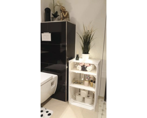 Badezimmer mit Toilette und weißem Regal aus Holzkisten zur Aufbewahrung
