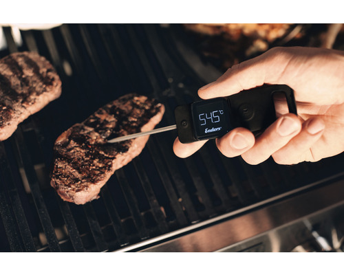 Ein Mann misst die Temperatur eines Steaks auf einem Grill mit einem digitalen Bratenthermometer von Enders.