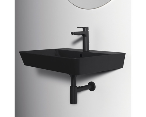Schwarzes Waschbecken mit Armatur und Siphon an der Wand montiert
