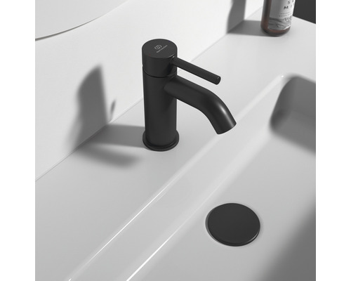 Schwarzer Waschtischmischer auf einem Waschbecken