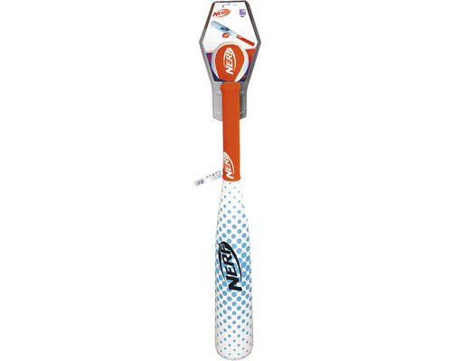 Nerf Baseballschläger mit orangefarbenem Griff und blauen Punkten auf weißem Hintergrund