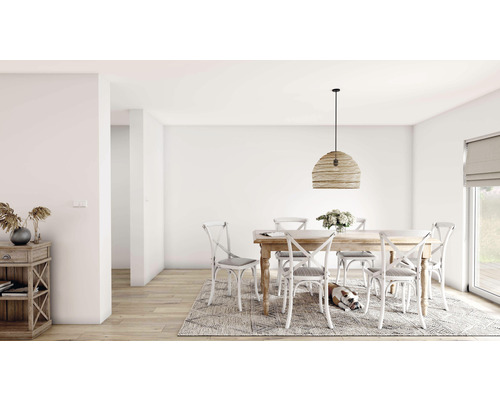 Esszimmer mit Holztisch, Stühlen, Teppich und Hängelampe