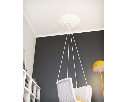 Deckenrosette mit Hängesessel im Wohnzimmer.