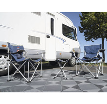 Campingplatzszene mit zwei Campingstühlen, einem Tritthocker und einem Wohnmobil.