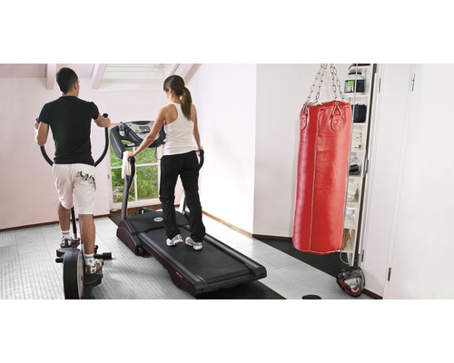 Fitnessraum mit Crosstrainer, Laufband und Boxsack für das Heimtraining